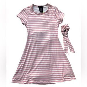 NWT GB Girls Stripe Light Pink & White Stretch Dress Open Back Hair Scrunchy